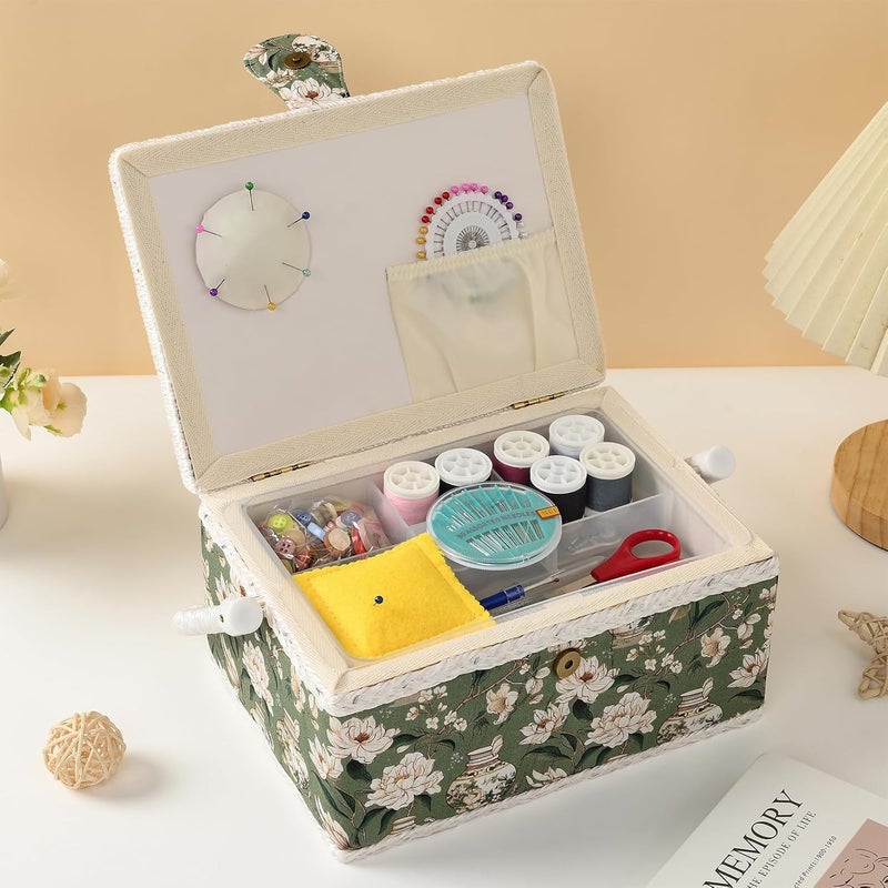 FOPUGT Sewing Basket - Medium Sewing Box for Sewing Supplies, Sewing Organizer Box Sewing Kit Storage Christmas Gift for Sewing Enthusiast (Bean Green) - Image 5